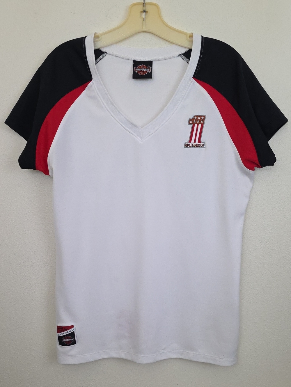 Harley-Davidson White, Red & Black Short Sleeve V-Neck Top Womens M